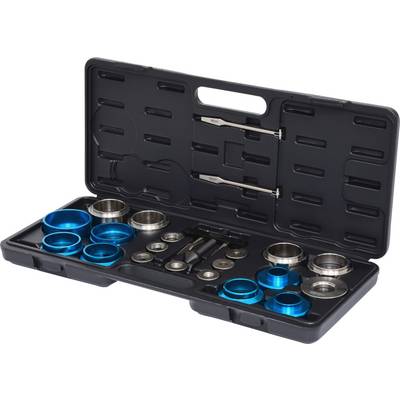 An open toolbox containing various sized blue and silver rings along with two handle inserts.