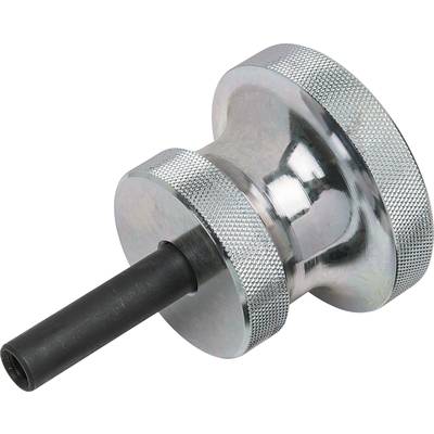 A silver metal tool with knurled edges and a black handle, possibly for industrial or craft purposes.