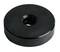 A black, round weight plate with a hole in the centre, used for weightlifting or fitness equipment.