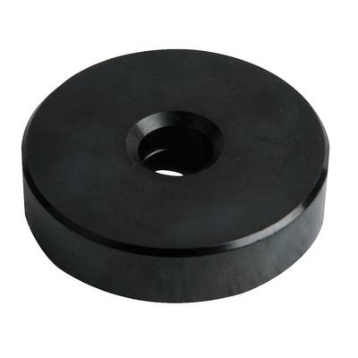 A black metal weight with a central hole, cylindrical in shape.