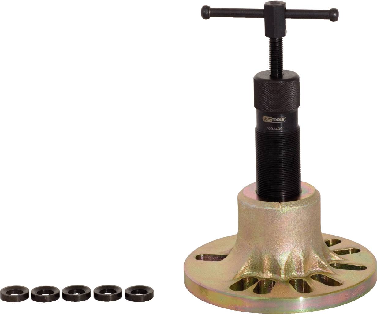 A puller tool with thread and handle, next to five metal rings. Used for removing bearings or gears.