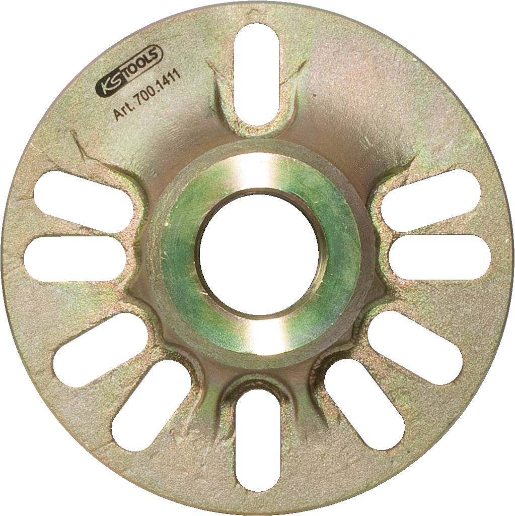 A round metal part with a central hole and eight narrow recesses. Top left reads 'KS TOOLS Art. 700.1411'.