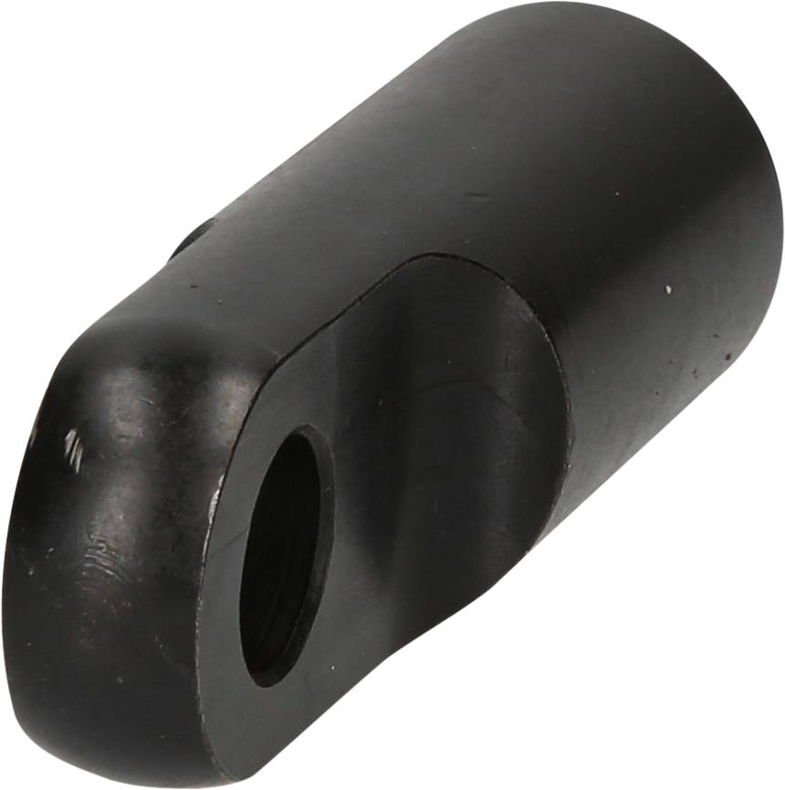 A short, cylindrical black metal part with a continuous hole, potentially a component of a mechanical device.