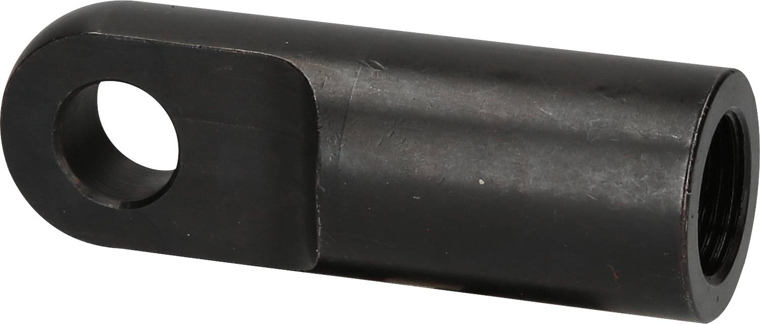 A black cylindrical metal part with a hole at one end; possibly a connecting element or a mounting bracket.
