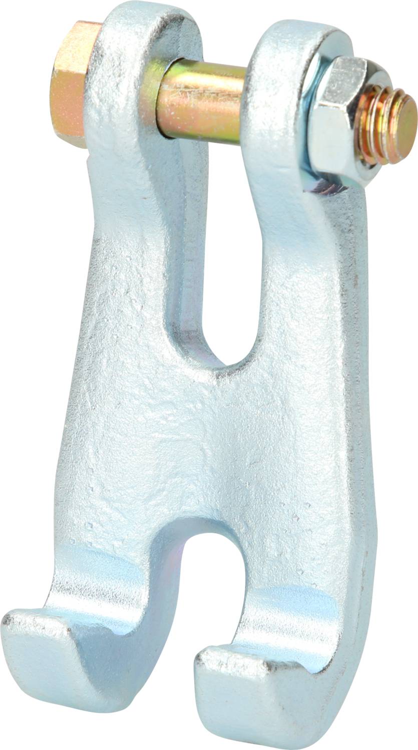 Metallic fork joint with screw and nut for mechanical connections.