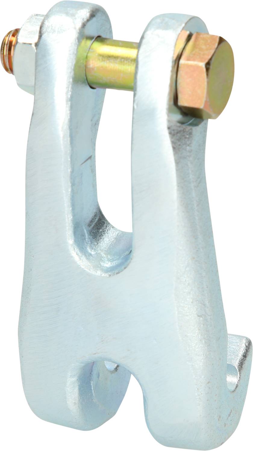 Metallic silver forked head connection with screw and nut for securing.