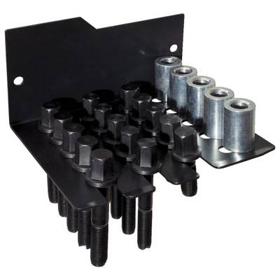 Metal mounting bracket with multiple screws and spacers, mounted laterally, showing fastening components and their arrangement.
