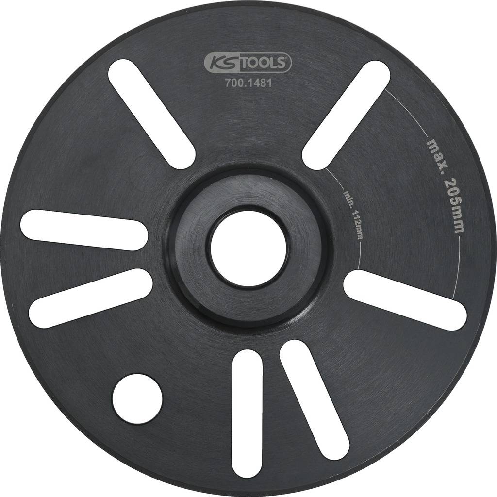 A black support disc with slots and round holes, max. diameter 205 mm, by KS Tools, model number 700.1481.