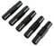 Five black, cylindrical pipe connectors arranged in two rows. They are suitable for connecting and sealing pipes.