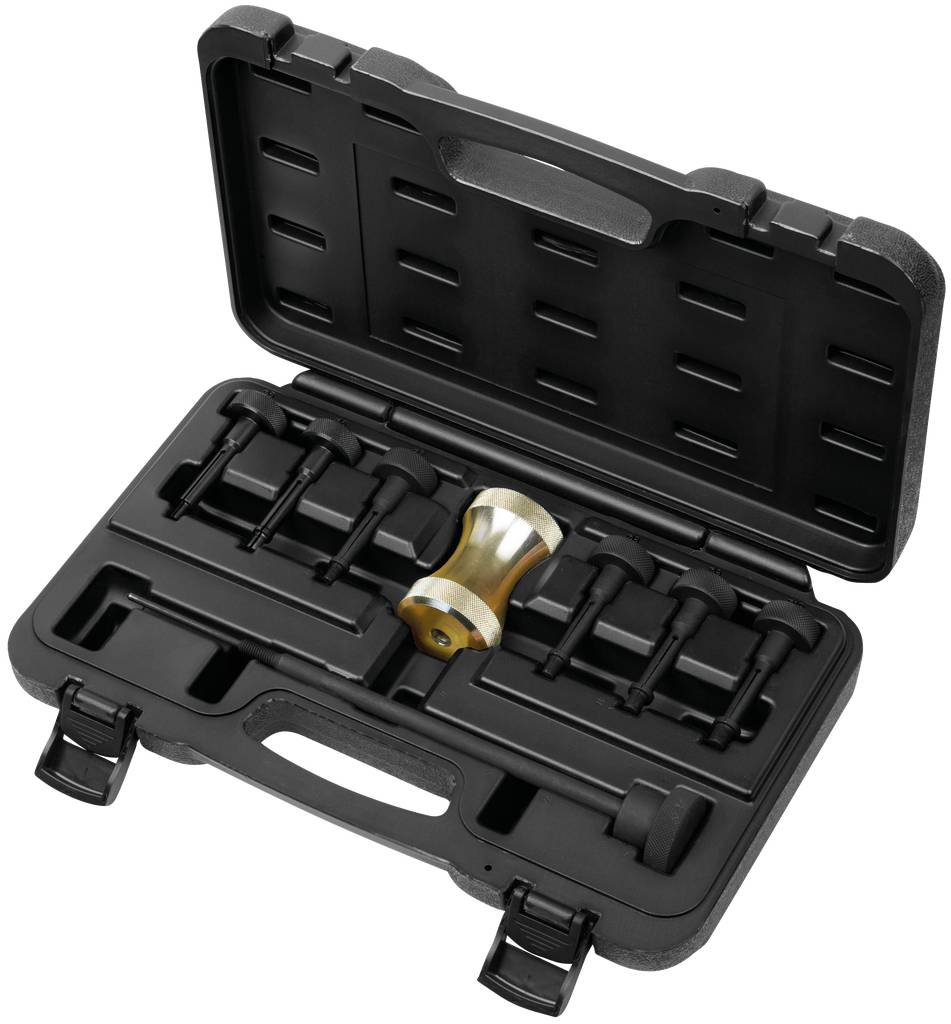 A black plastic case contains a set of puller tools in various sizes with a metal component in the centre.
