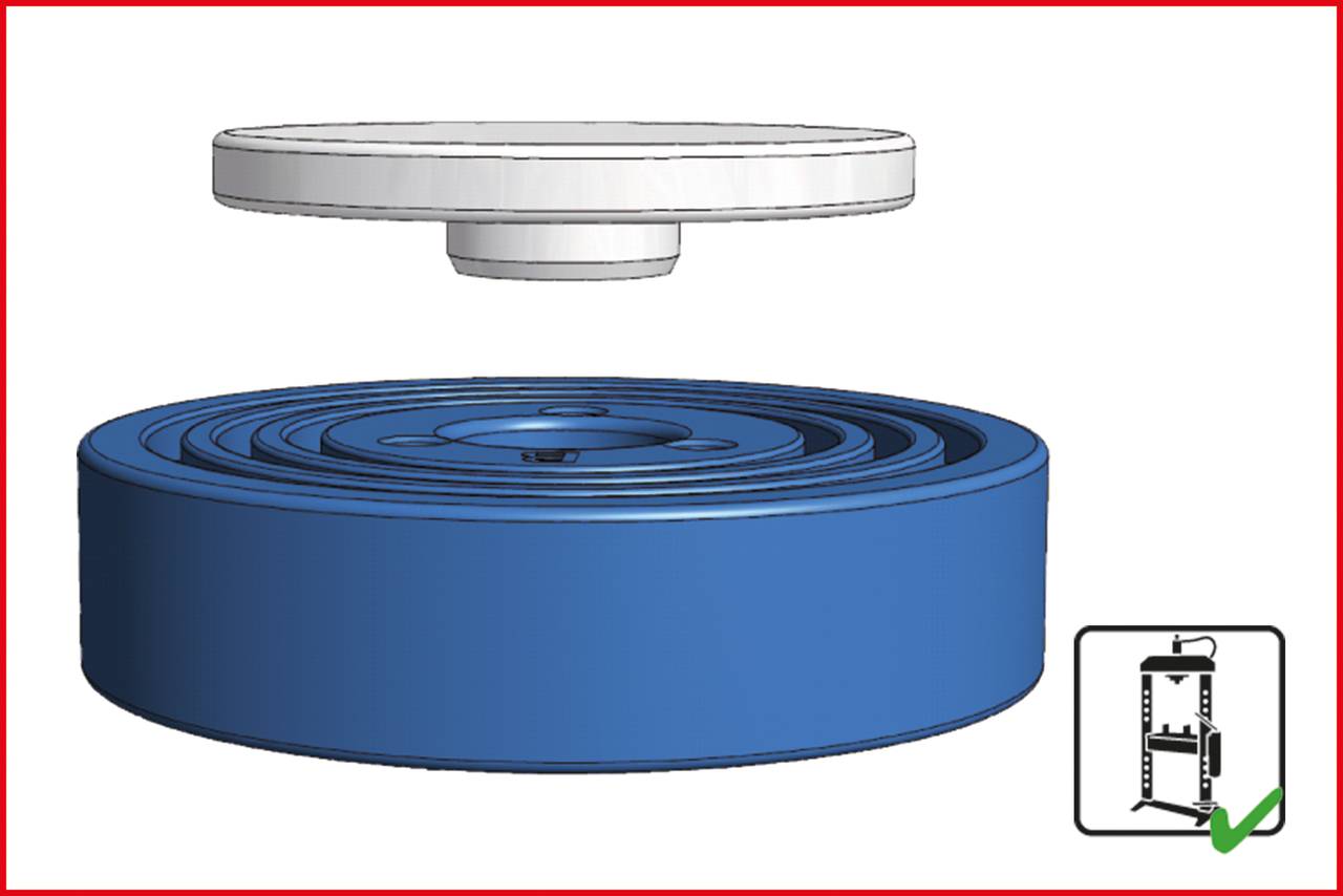 White lid hovers over a blue, round box. In the corner is a recycling symbol with a green tick.