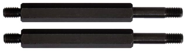 Two hexagonal metal rods with threaded ends lying parallel to each other.