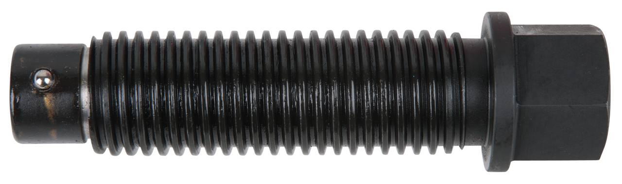 Cylindrical, black screw with continuous thread and hexagonal head, identifiable by a small metal pin on the side.