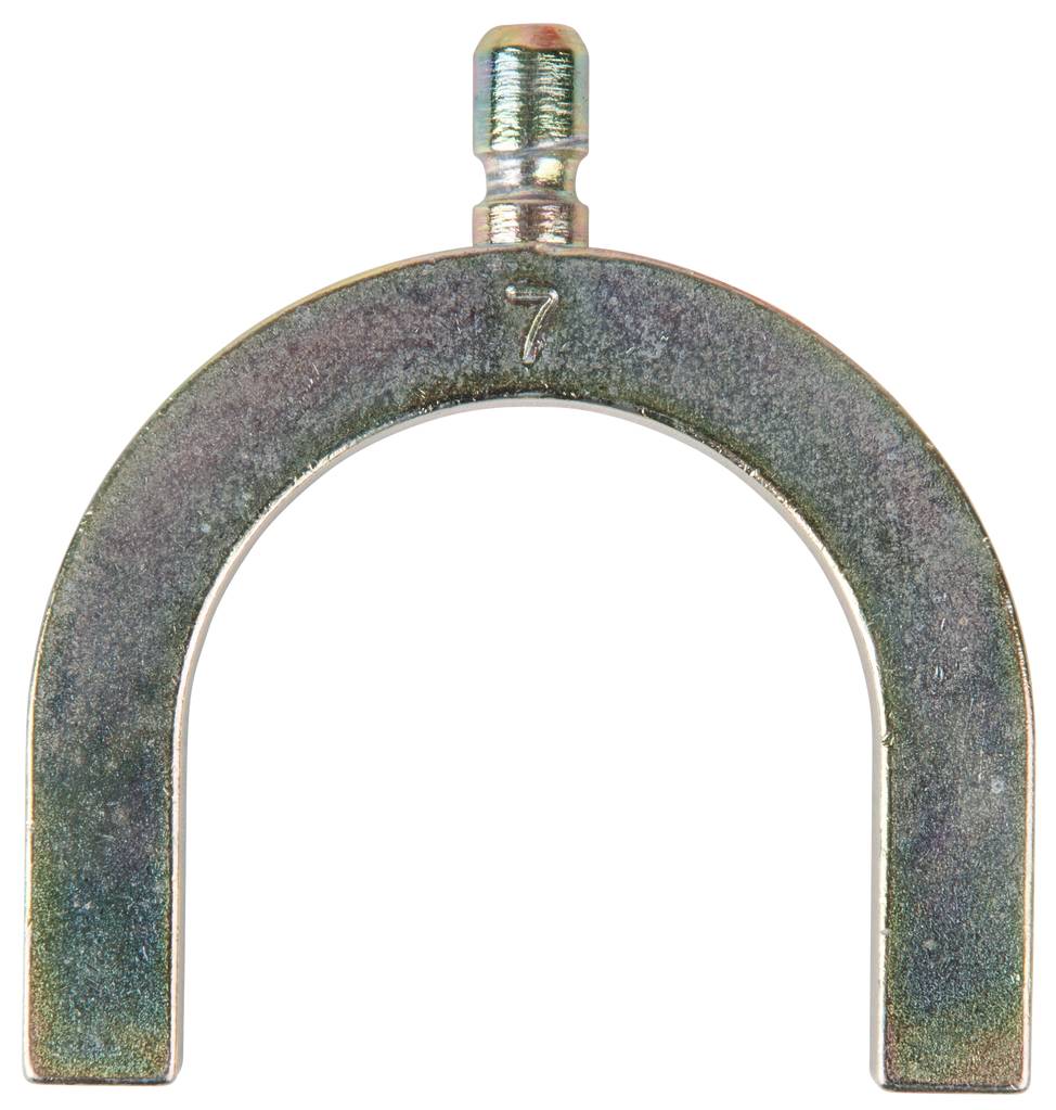 Metal U-shaped object with a screw head on top. Suitable for technical or mechanical applications.