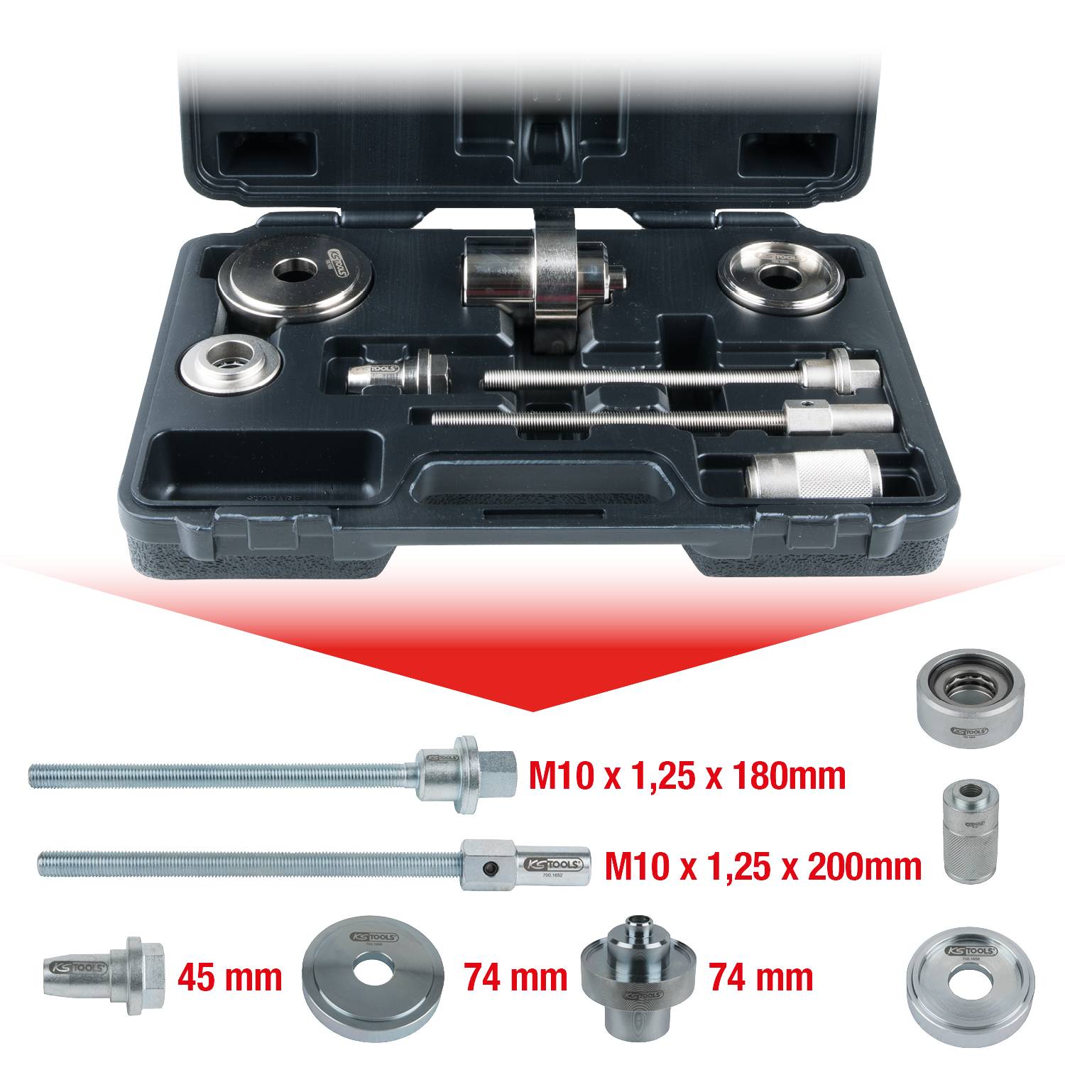 An open plastic case displays a hole saw set. Underneath are precision parts with dimensions M10 x 1.25 x 180mm and 200mm, as well as round pieces with 45mm and 74mm diameters.