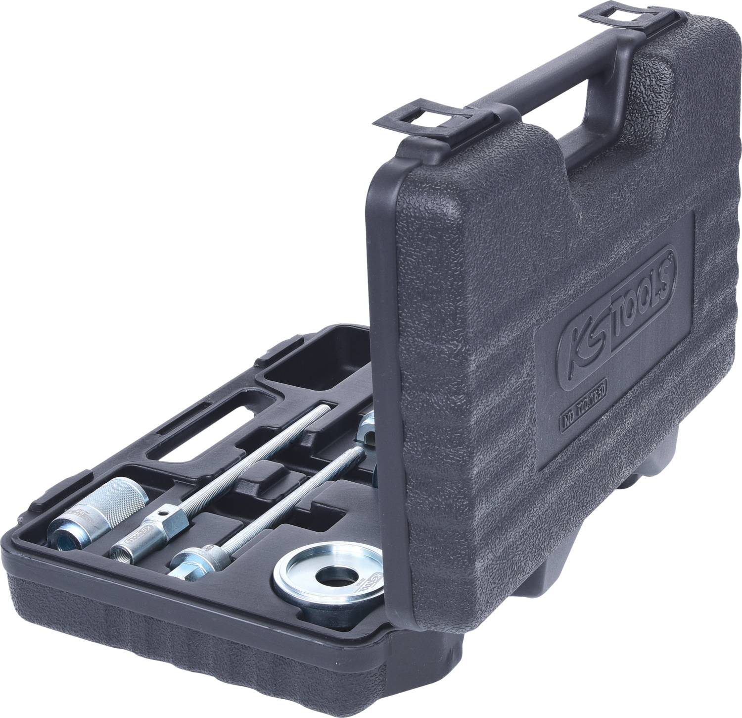 Black toolbox with car tool set, including various metal attachments and spanners, on a white background.