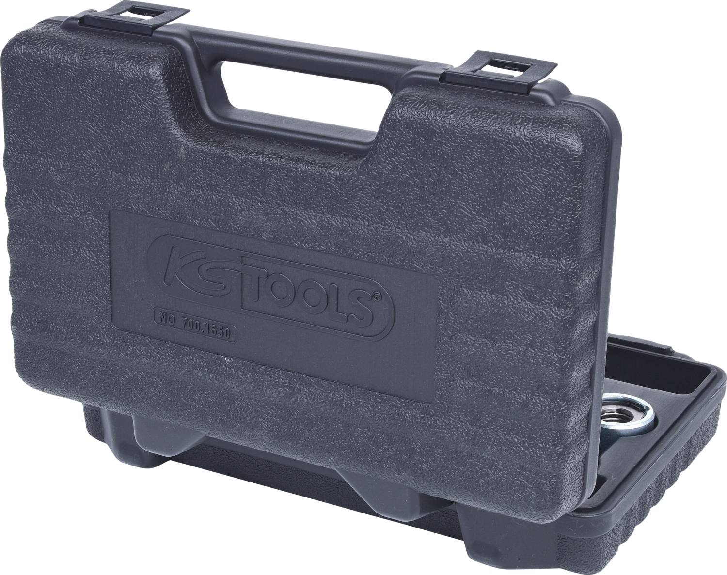 Black tool case with carry handle, partially open, revealing metal tool components inside. Case bears the 'KS Tools' logo.