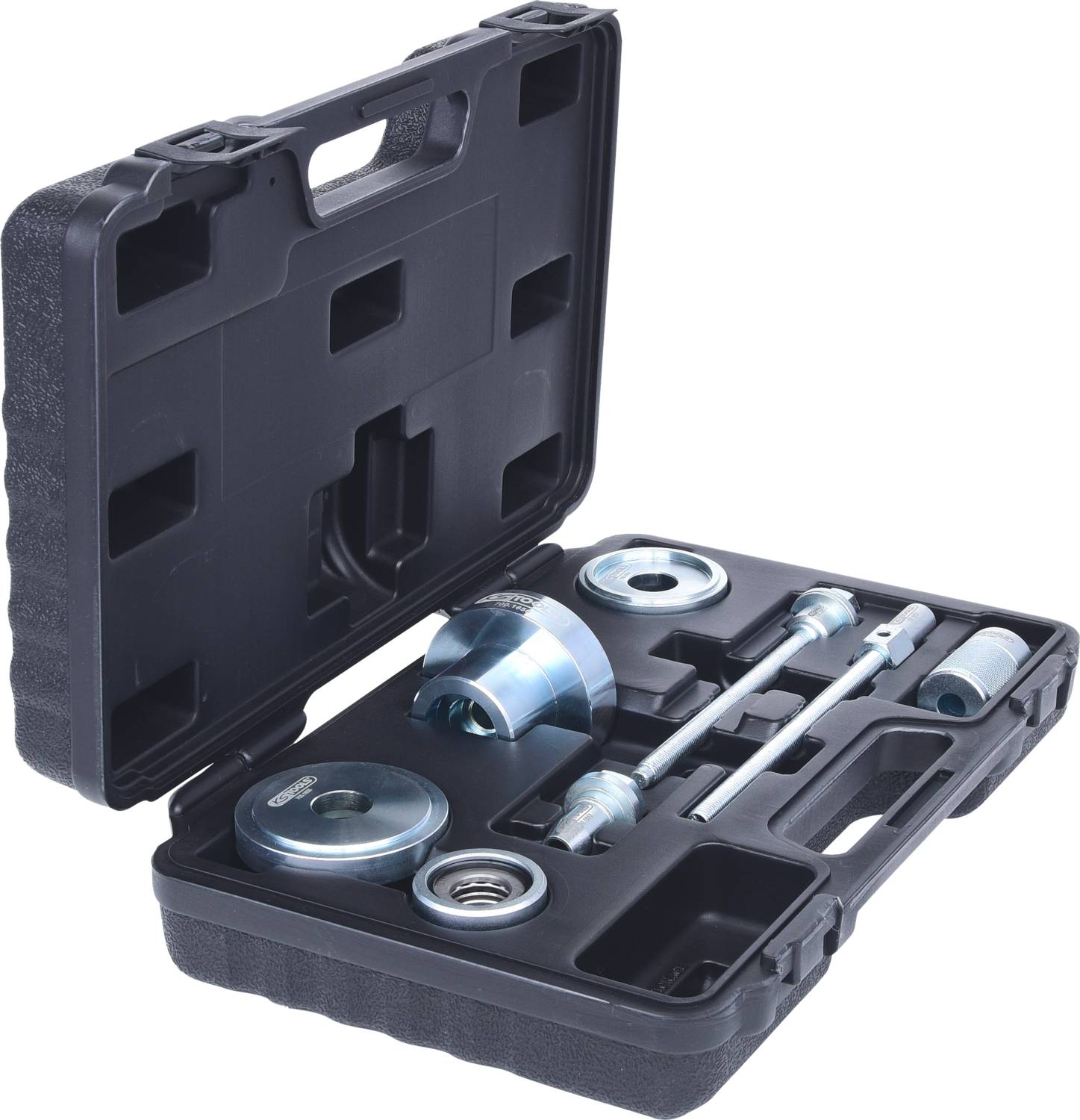 Opened toolbox with various metal parts and tools neatly stored in specific compartments.