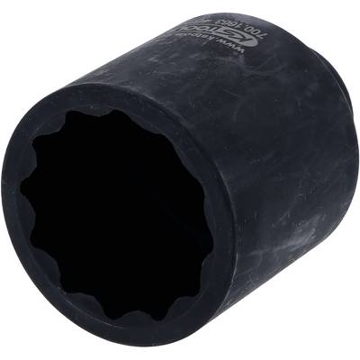 A black, cylindrical socket nut with serrated internal profile, used for application with mechanical tools.