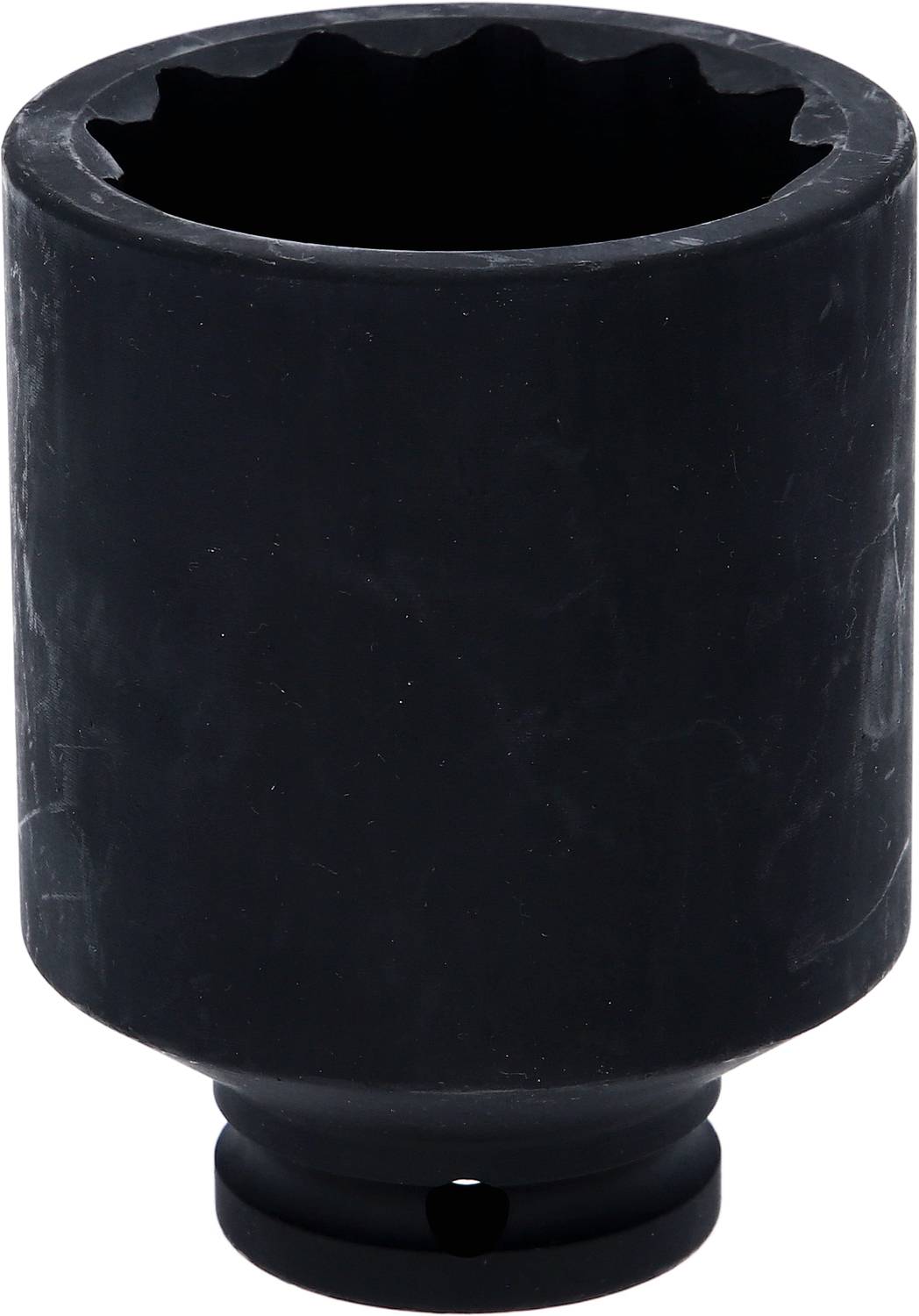 A black, cylindrical socket for loosening nuts or bolts, commonly used in motor vehicle repairs.