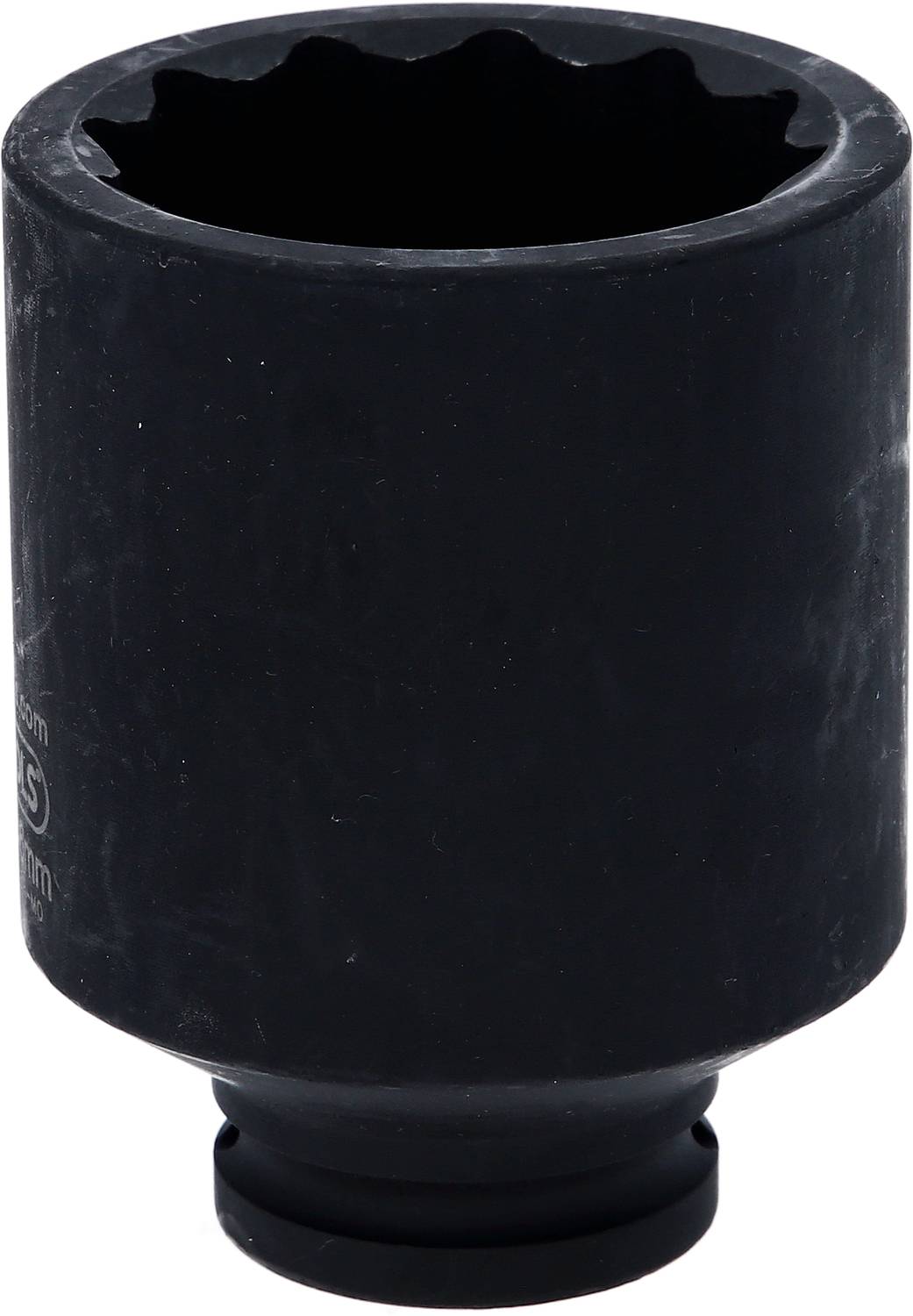 Black square nut for ratchets, cylindrical with internal hexagon for screw or nut fastening.