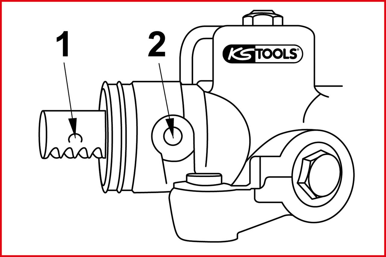 Drawing of a tool with two marked components, numbered as 1 and 2. A tool manufacturer's logo is located in the top right corner.