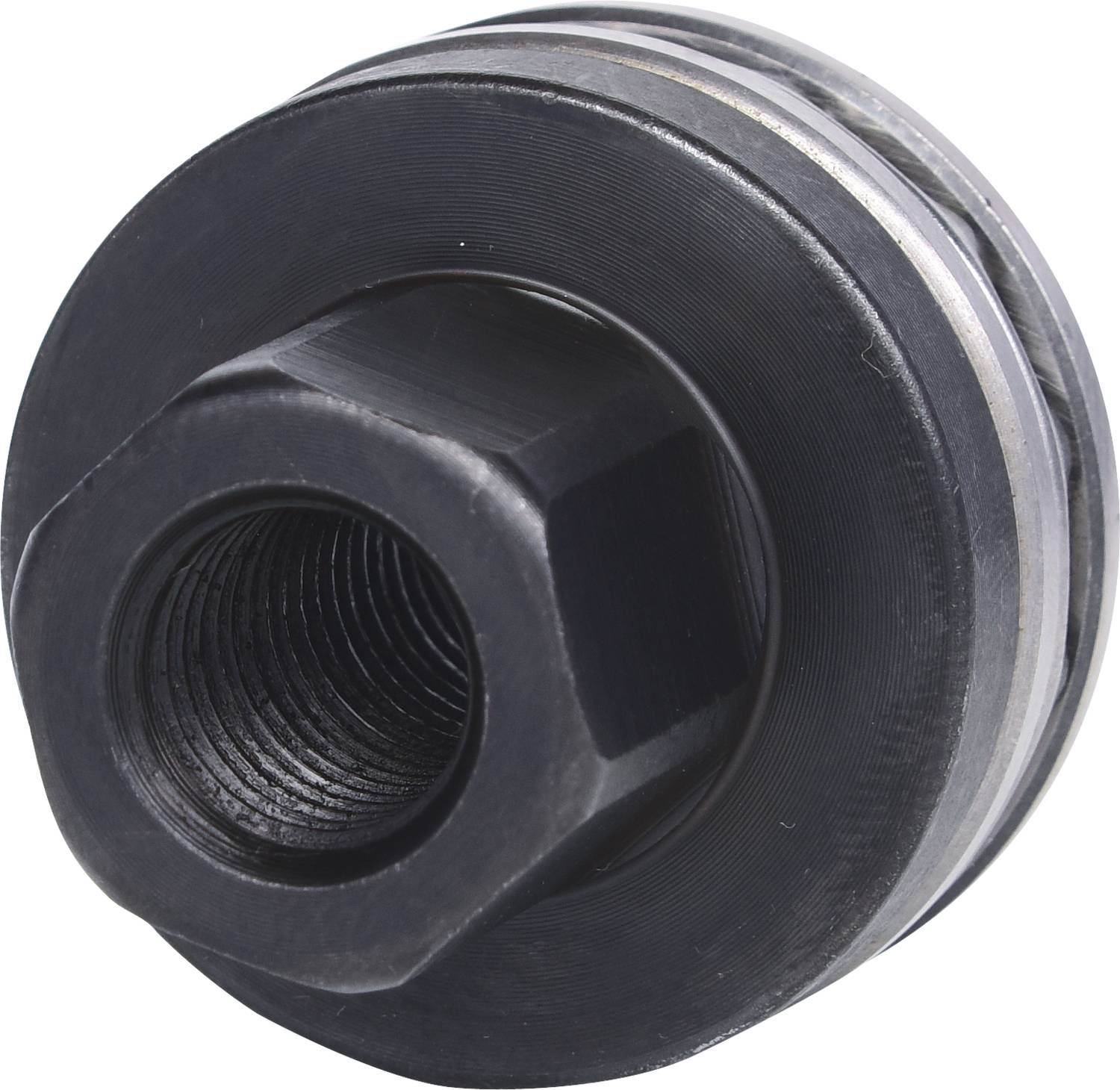 Close-up of a black mechanical component with threading, possibly a nut or fitting, against a white background.