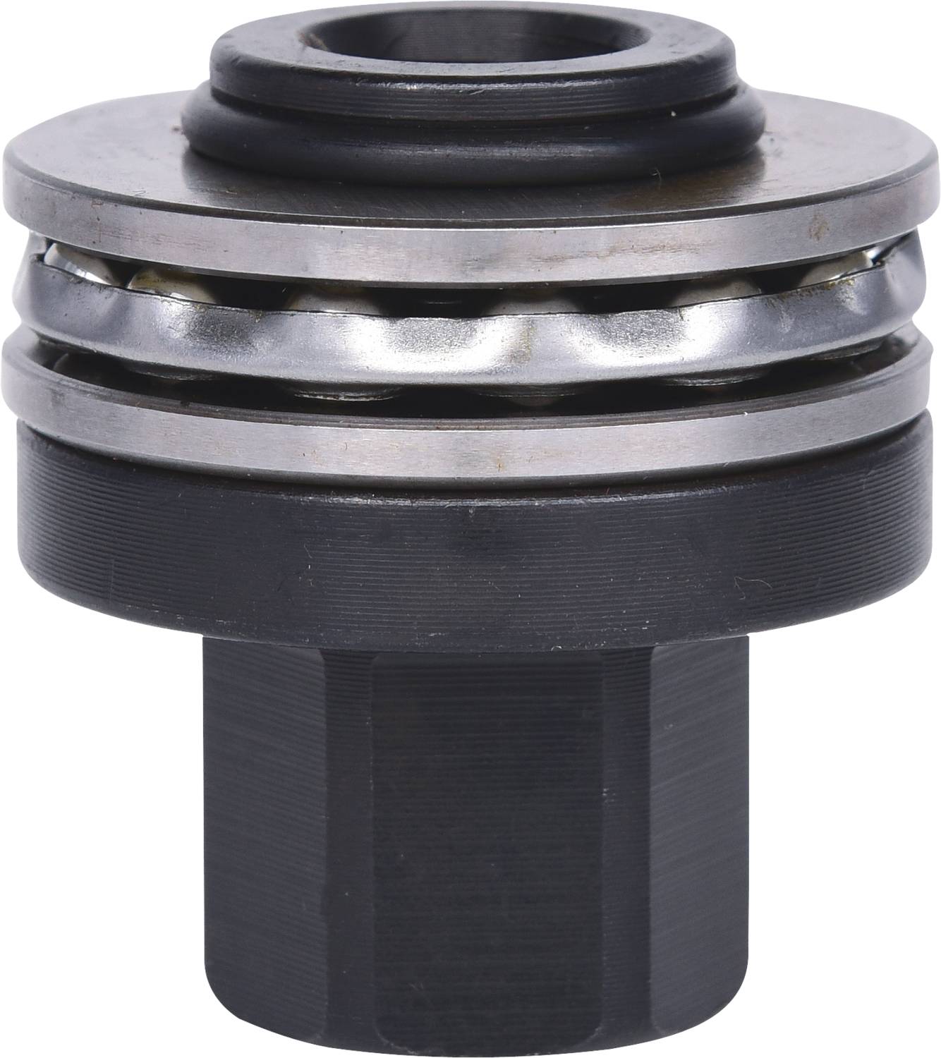 Industrial metal spare part with a cylindrical shape and multiple rings. Primarily used in mechanical systems.