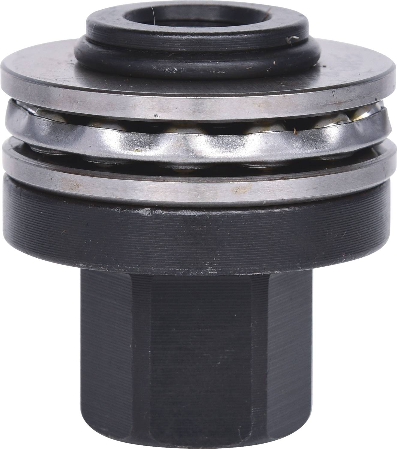 A close-up of a black and silver ball bearing that is part of a mechanical component.