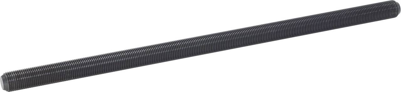 A long, black threaded rod with uniform thread structure along its entire length.