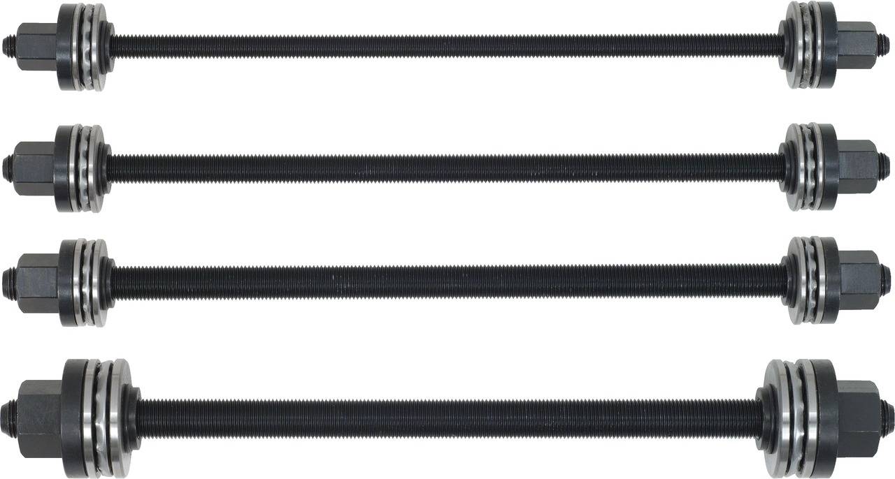 Four black metal axles with threads and nuts, arranged in ascending size.