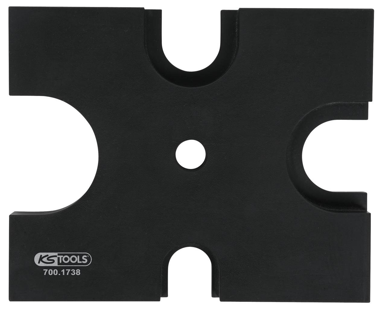 A black metal block with a central hole and four evenly distributed recesses on the sides. Marked with 'KS TOOLS 700.1738'.