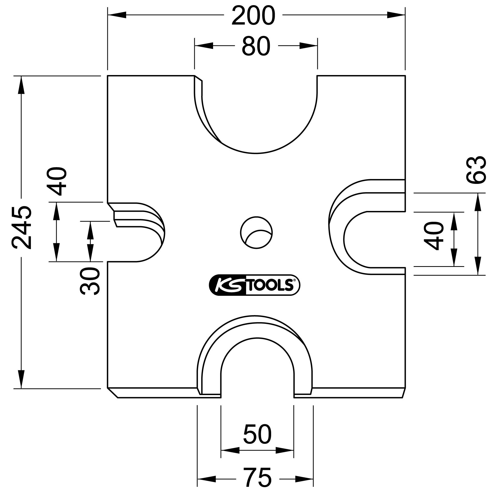 Technical drawing of a square tool with rounded cutouts at the corners, dimensions in millimetres.