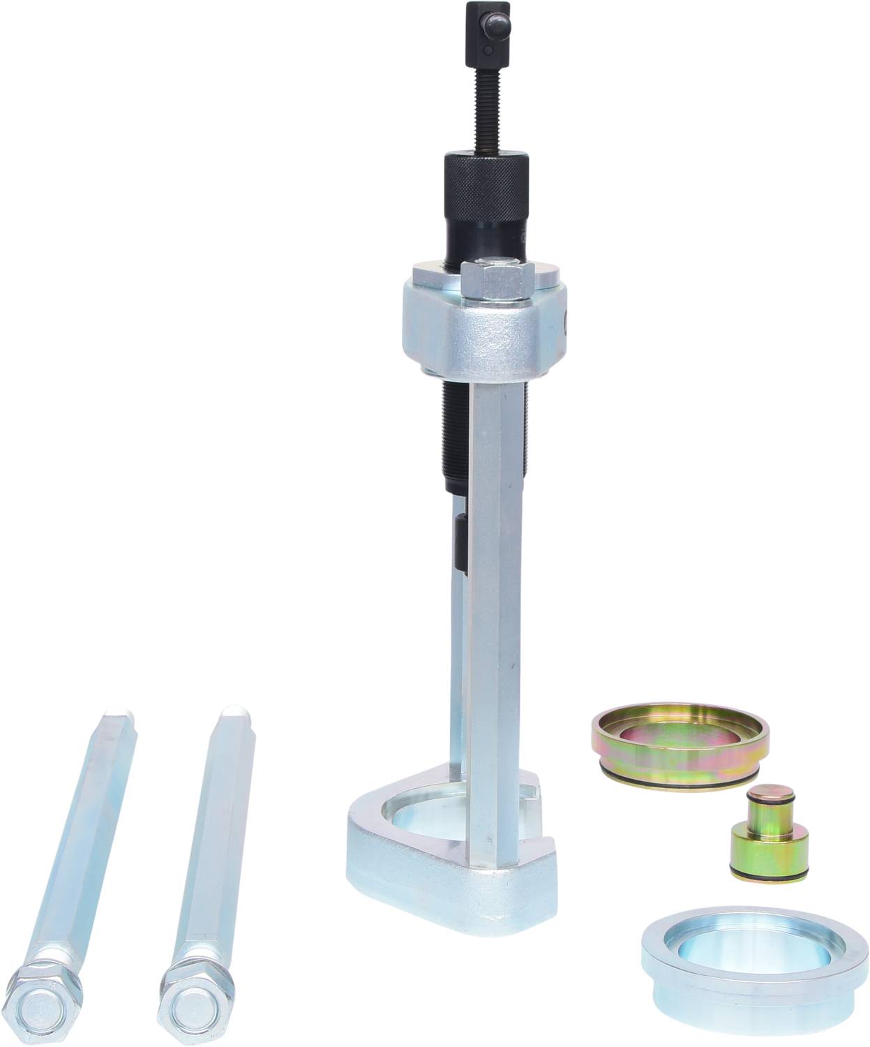 A tool set for the assembly and disassembly of vehicle parts, comprising two metal rods, a spindle mechanism, and metal rings.