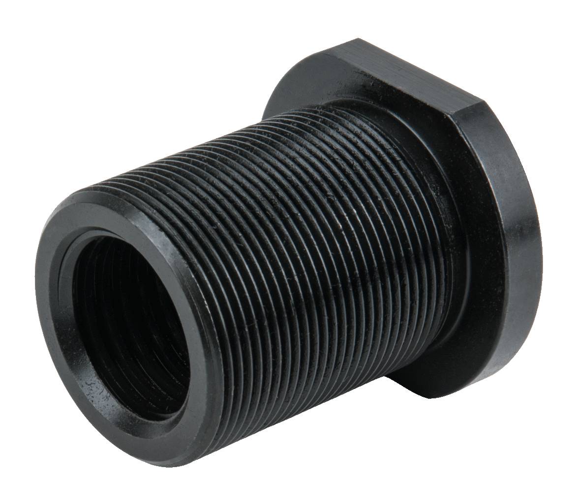 A black metal thread, cylindrical in shape, with narrow grooves, likely a machine component or connecting adapter.