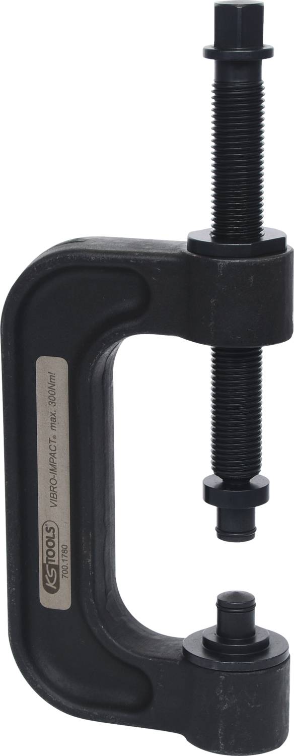 A black C-clamp vice with a metal spindle, suitable for automotive workshops, securely holds parts together. Brand name 'KS Tools'.