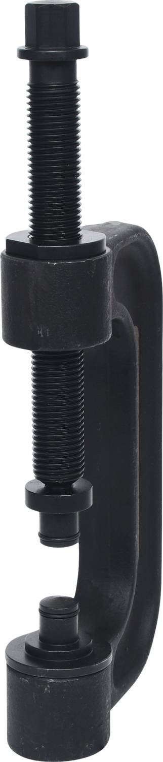 Black metal G-clamp with a rotating spindle and handle for securing objects during DIY projects and in the workshop.