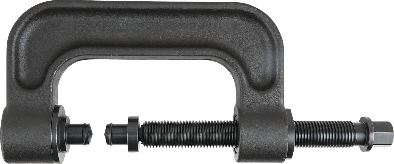 A black pressing tool, consisting of a C-shaped frame and a central screw, for mechanical application.