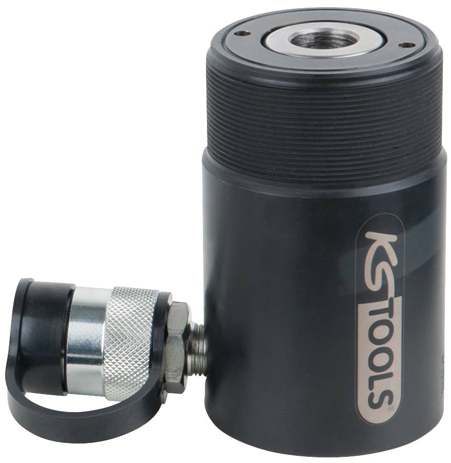 Hydraulic cylinder by KS Tools with a black cylindrical housing and silver connection.
