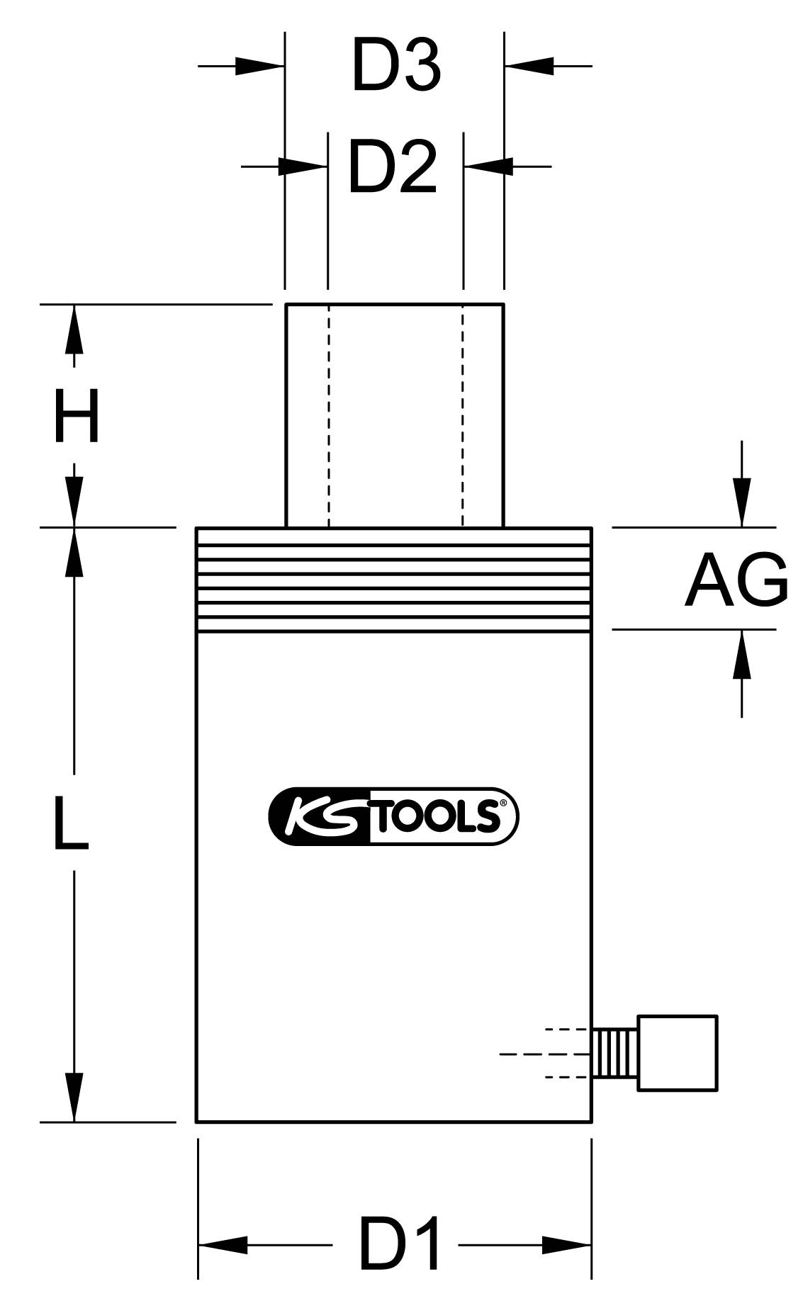 'KS TOOLS' Hydraulic Cylinder, cylindrical, with dimensional specifications for diameter (D1, D2, D3), height (H), length (L) and connection (AG).