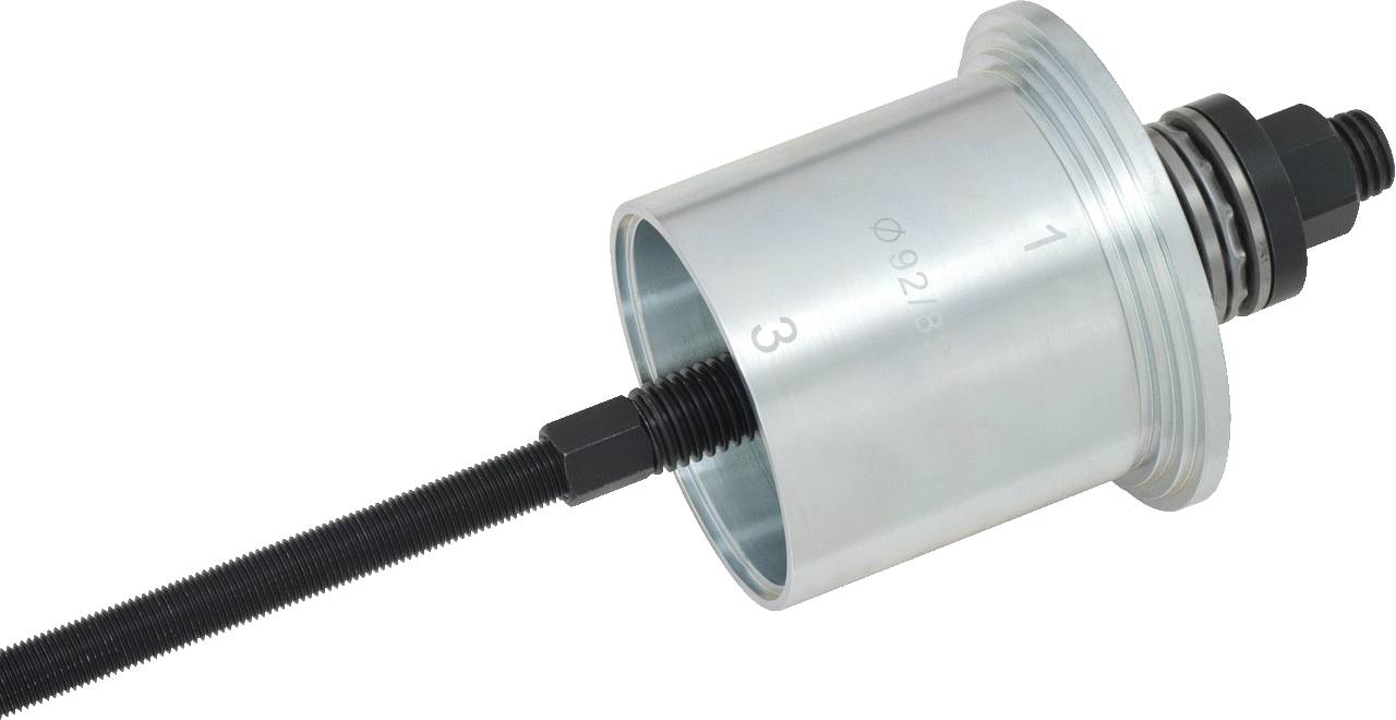 Silver cylindrical metal sleeve with threading on one side, attached to a black rod.