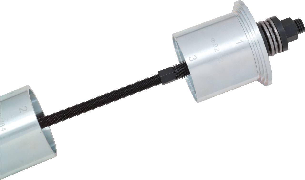 A metallic tool with a screw mechanism and removable parts for technical applications.