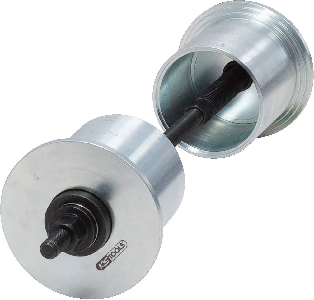 A metallic tool used for mounting bearings in motor vehicles, consisting of two cylindrical parts connected by a screw.