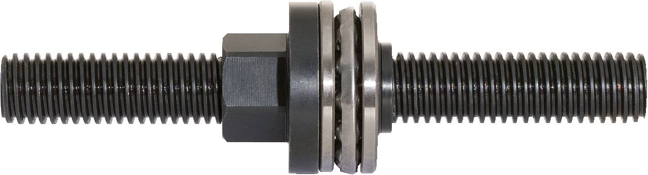 'Threaded spindle with a black hexagonal nut in the centre and two silver washers on each side.'