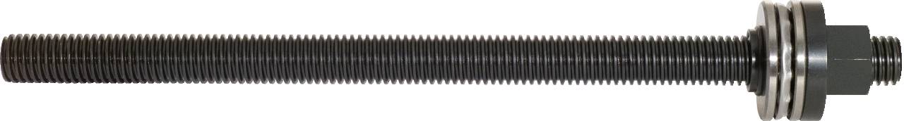 Threaded spindle with grooves and a secured bearing at the end, for industrial applications or mechanical constructions.