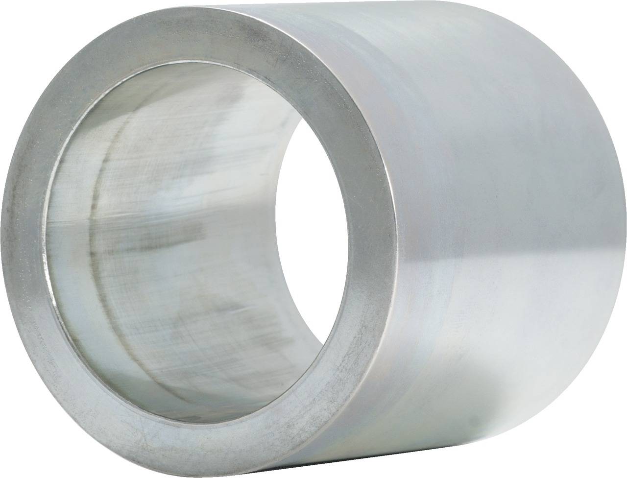 Metal cylinder with a gleaming surface, standing upright, showing the smooth inner walls and cylindrical shape.