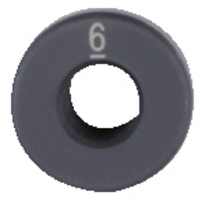 Black, round plastic component with a central hole and the number '6' printed on top. Potentially a part of a device or machine.