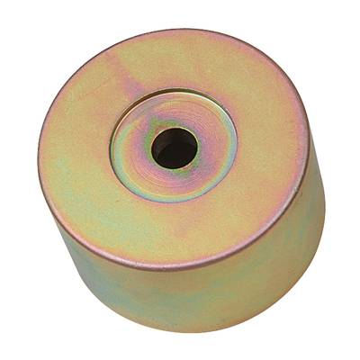 Cylindrical metal weight in iridescent colours with a central hole. Used in mechanical or technical applications.