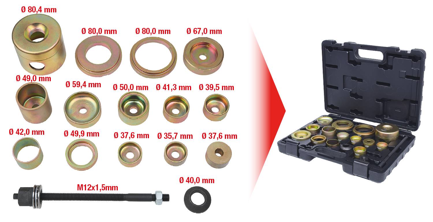 Set of bearing and sleeve pullers of various sizes shown in an opened black storage box.