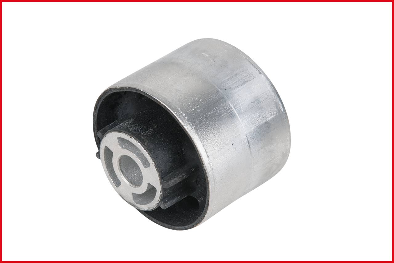 Metal cylindrical bush with an internal rubber insert. Used in vehicles to dampen vibrations.